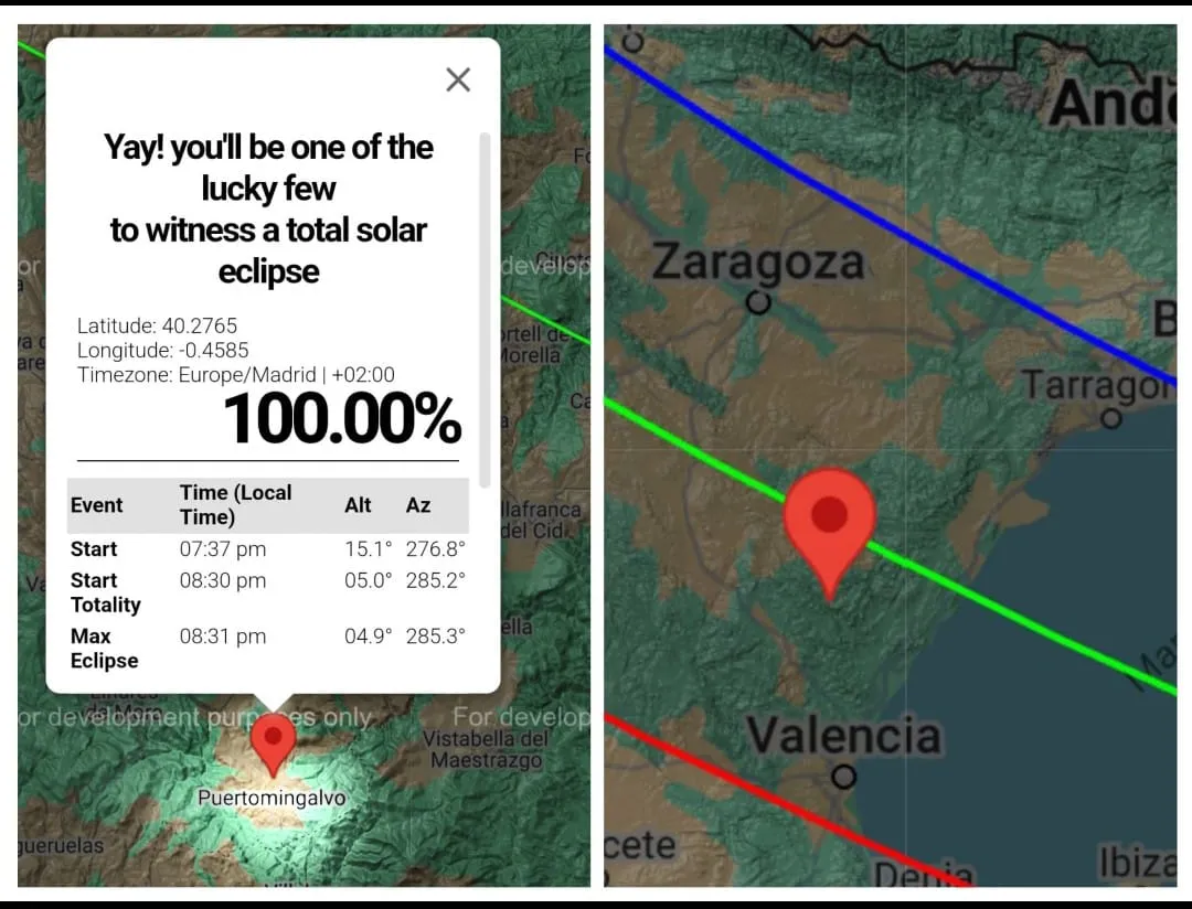 Map of the 2026 Eclipse path over Puertomingalvo